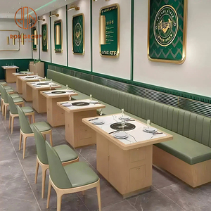 Mesas de Madera para Cafetería con Asientos de Sofá de Cuero Verde y Respaldo con Patrón de Líneas Verticales para Restaurante - Product Image 2