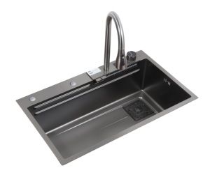 Serie Shark, Tazón Individual de 750x450 mm, AW-7545SY |   Juego de grifería digital extraíble de acero inoxidable 201, 3 colores PVD, para montaje bajo encimera - Product Image 4