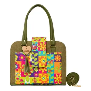 Sac de shopping en jute vert olive pour femme Fana Elsa, grand motif floral, double poignée supérieure, fermeture à fermoir, usage adulte - Product Image 1