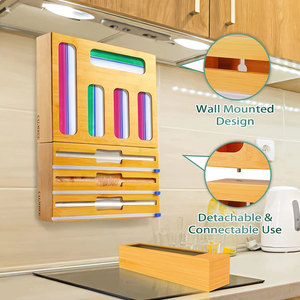 Bamboo <b>Kitchen</b> Plastic <b>Wrap</b> Storage Box Wall Mounted Wooden Organizer With Cutter For Food Bags And Cling Film - Product Image 1