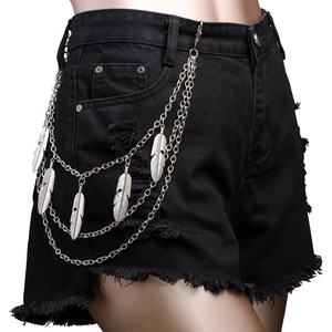 จี้ขนนก สายโซ่คาดเอวโลหะสามชั้น สีเงินทิเบต สไตล์ฮิปฮอปสตรีทลำลอง สายโซ่คล้องตัวแบบยูนิเซ็กส์ - Product Image 1