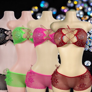 Tenues de club pour femmes, ensemble sexy deux pièces, ensemble sexy à bretelles avec diamants, vêtements de danse exotiques en résille, tenue de strip-teaseuse - Product Image 1