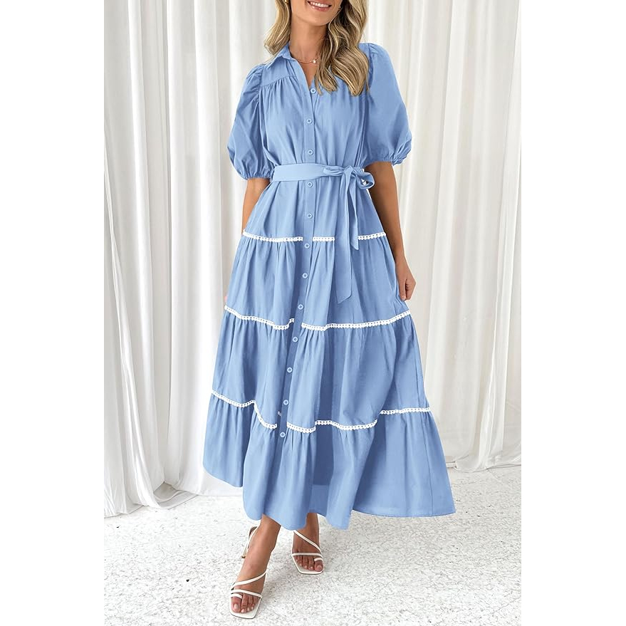 Custom Made Dress Manufacturer Elegant Summer Button Down Short Puff Sleeve  Shirt Collar Lace Long Maxi Casual Dresses Women