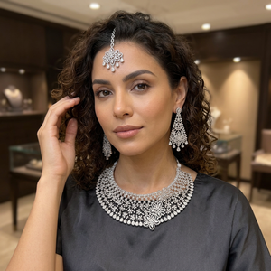 Luxury <b>Silver</b> Plated Cubic Zirconia <b>Choker</b> Necklace Earrings Maangtikka Bridal Brass Jewellery Set For Women - Product Image 1