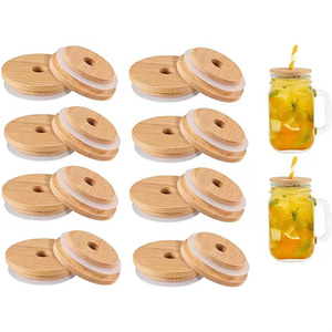 Mason Jar nắp chai tre <span class=keywords><strong>cap</strong></span> với silicon con dấu cho Mason Jar 70 mét 86 Mét với rơm lỗ - Product Image 2