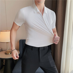 Camicia da uomo a maniche corte con grande elastico Slim Fit da lavoro Casual per maglieria a pressione drappeggio Non stirante camicia in Nylon sottile - Product Image 6