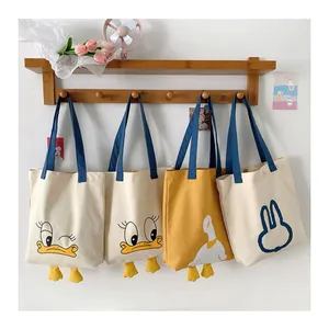New Cute Canvas Contrasting Colors Bag Girls' Fresh and Sweet Handheld Bag Cartoon Versatile Canvas Tote Bag