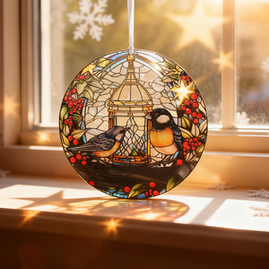 Adorno de Vidrio Colgante para Ventana, Atrapasoles de Vidrio con Dos Pájaros, Regalos Decorativos con Cinta para Mujeres, Navidad, Invierno - Product Image 1
