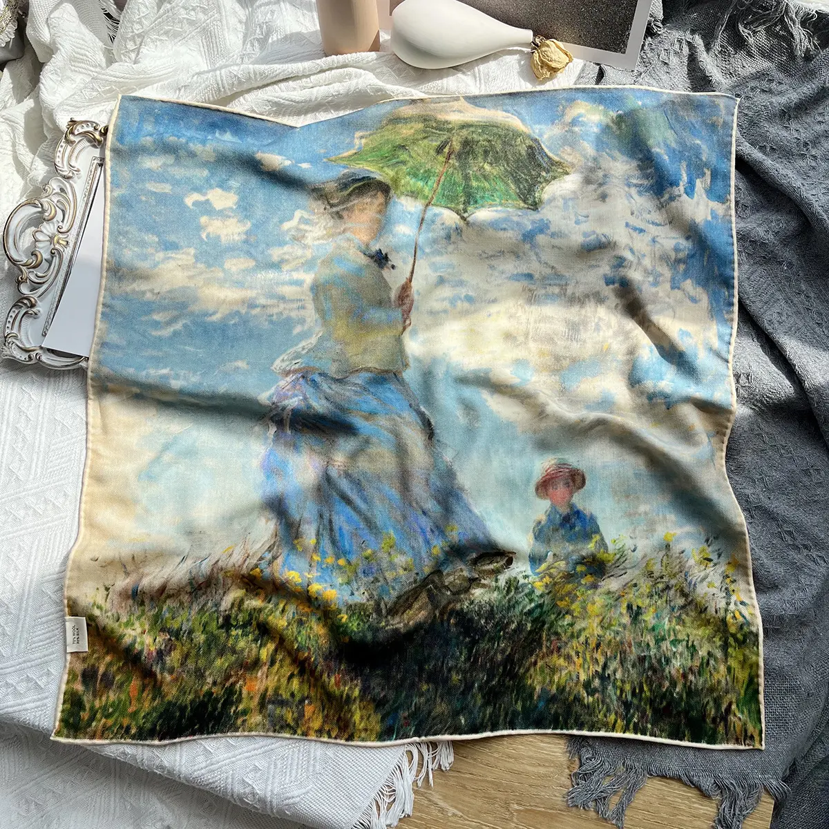 Parasol mujer estampado pintura al óleo viento Seda lana bufanda mujer otoño e invierno cálido todo con lana de seda cuadrado