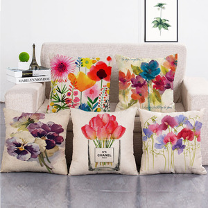 Lale 18x18 inç suluboya çiçek çiftlik minder örtüsü keten baskı çiçek dekoratif kırlent kapak - Product Image 6