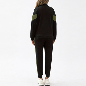 Ensemble de survêtement décontracté pour femme, noir et vert, à blocs de couleur, avec fermeture éclair, manches longues, respirant, léger, en coton, avec poches latérales - Product Image 6
