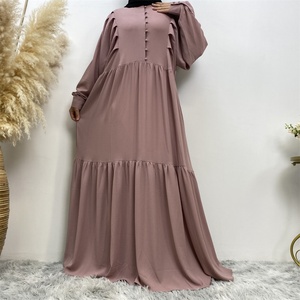 6633 #   Vestido Casual Musulmán de Gasa Burbuja de Color Sólido con Muchas Capas, Mangas Plisadas, Botones Delanteros y Falda Amplia, 6 Colores - Product Image 3