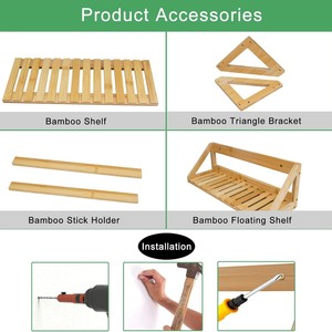 Bamboo Wall Rack 3-Tier Rectangle Wall-Mounted Storage <b>Shelf</b> for <b>Bedroom</b> Living Room Kitchen Bathroom Office - Product Image 1