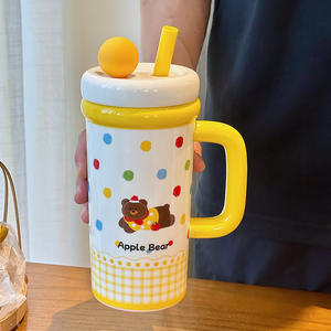 Apple Bear Ceramic Mug <b>With</b> <b>Lid</b> <b>And</b> <b>Straw</b> Yellow Polka Dot Design Large Capacity For Home Use Gift <b>Cup</b> Spring 2025 - Product Image 1