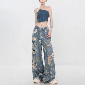 Cross-Border Wholesale American Street Style Printed Jeans Women Trendy Loose Fit Versatile Design High Street <b>Boot</b> Cut Wide-Leg - Product Image 3