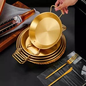 Poêle à paella en acier inoxydable doré ou argenté pour fruits de mer, poêle espagnole pour la maison nordique et restaurants haut de gamme - Product Image 2