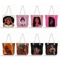 Sac à bandoulière en toile noir avec imprimé artistique de filles africaines, sacs fourre-tout par sublimation, sacs à main pour femmes, sacs de shopping pour la plage ou le quotidien
