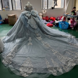 Robe de bal de Quinceañera Xss44 Mexico Garden, bleu poussière, avec appliques de dentelle, à volants, longueur ras du sol, style vintage naturel, pour soirée - Product Image 6