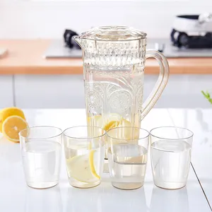 Hot Sale Kitchenware Transparent Plastic PS Water Pitcher Water Jug Water Pot with 4 cups