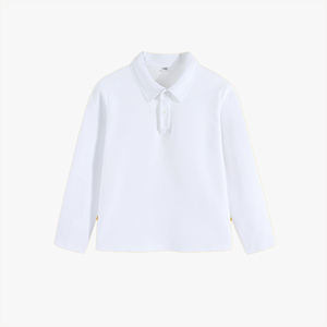 Polo à manches longues en pur coton de couleur unie pour enfants, haut intérieur blanc à revers pour filles, uniforme scolaire, chemise à manches longues pour garçons - Product Image 2