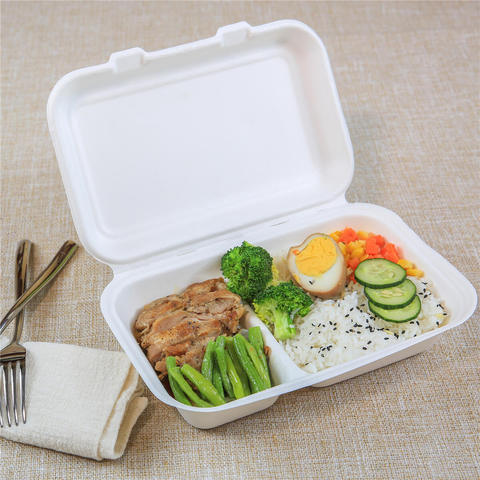 pizza boxes 9x9x3 biodegradable compostable bagasse 3-comp hinged container 200ct sugarcane bagasse containers