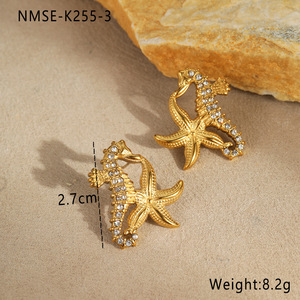 Orecchini pendenti estivi freschi eleganti stile <span class=keywords><strong>marino</strong></span> gioielli in acciaio inossidabile con stella marina borchie di diamanti placcate in oro - Product Image 2