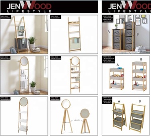 BAMBOO Wooden Natural Bathroom Valet Towel Storage Rack <strong>Leaning</strong> <strong>Ladder</strong> <strong>Shelf</strong> with Mirror - Product Image 6