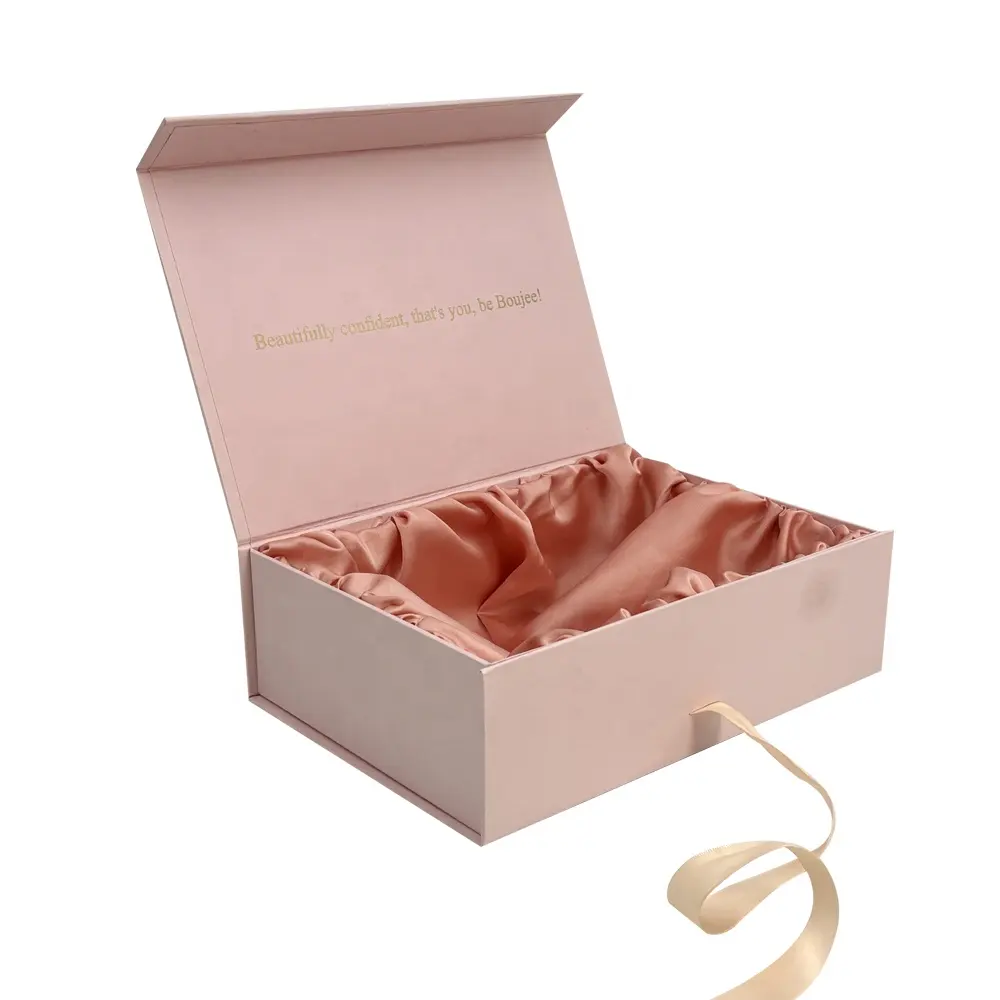 Kotak hadiah kustom lapisan sutra satin logo dicap panas kotak lipat merah muda dengan penutup pita