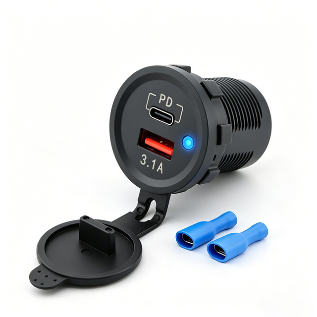New USB Car Charger Socket Dual Type-C 3.1A USB-A Ports Waterproof with LED Voltmeter Fast Charging 12V/24V for Moto Adapter