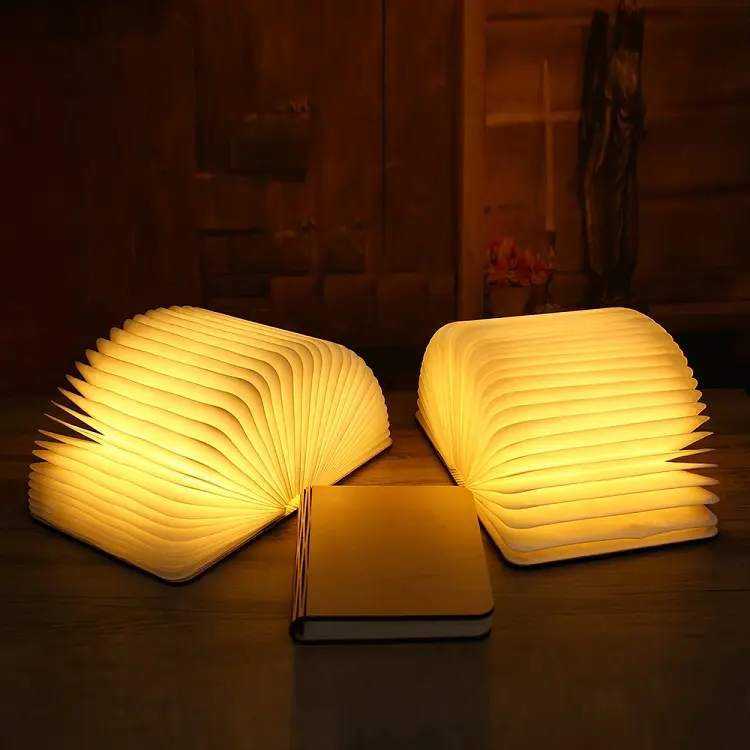 Popular Gift Flip Fold Wooden Book Light DC3.7V USB Charging Night lamp warm yellow bedroom small night light