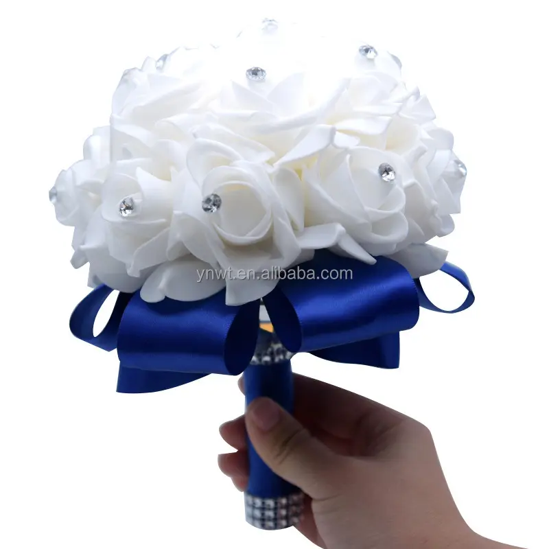 Best Seller White Bouquet for Bride Bridesmaids with Diamond Soft Ribbons Artificial Rose Bridal Holding Flowers