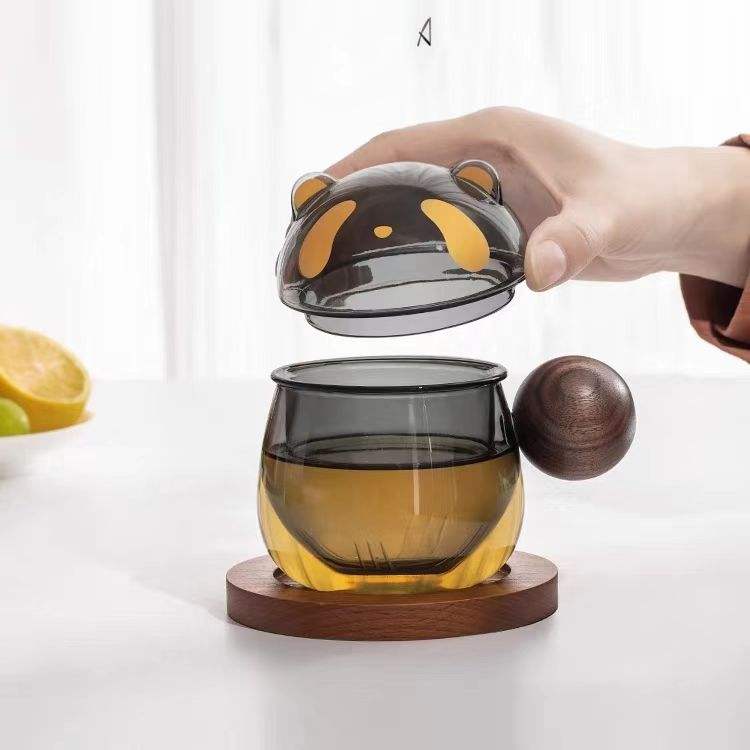 Panda-Shaped Glass Tea Mug Set with Wooden Handle & Coaster, Heat-Resistant for Home Kitchen Drinkware