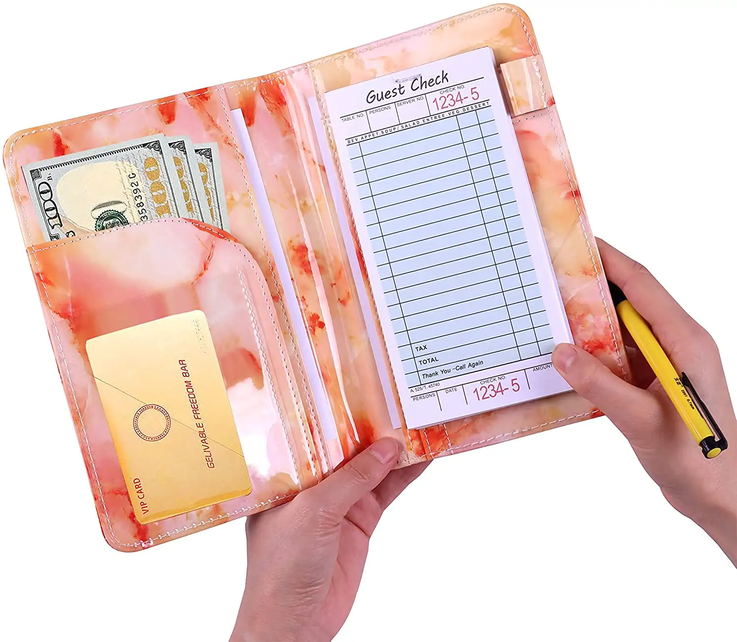 Camarera libro mármol servidor libro con bolsillo de dinero pluma titular de servidor libro para restaurantes