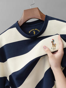 Camiseta de algodón 100% de punto de manga larga con cuello redondo a rayas para hombre transpirable informal de calidad superior con diseño Bretón - Product Image 6