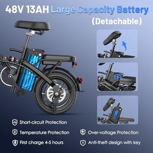 Vélo électrique <span class=keywords><strong>pliable</strong></span> mini 14 pouces sans balais 350W, vitesse unique, batterie lithium 500Wh, freins à disque, portable, rangement pour coffre de voiture ou <span class=keywords><strong>appartement</strong></span> - Product Image 3