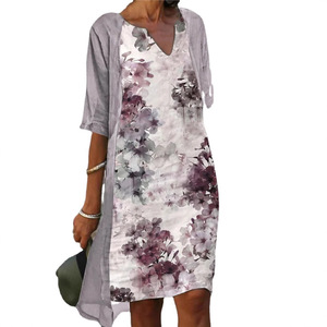 Robe midi ample en lin imprimé, col en V, motif floral, respirante, tenue décontractée - Product Image 5