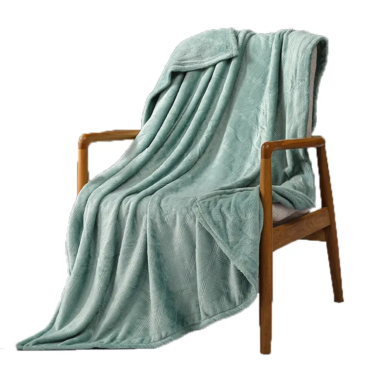 Wholesale Solid Color Sage Green Coral Fleece Manta Throw Embossed Pattern Sleeping Flannel Blanket