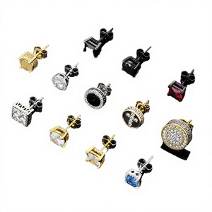 14K Gold Iced Out CZ Earrings 925 Sterling <b>Silver</b> Black Onyx <b>Studs</b> for Women & Men for Wedding Occasions Black Square Design - Product Image 1