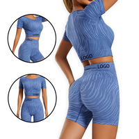 Set Yoga 2 Pcs Terbaru 2025, Celana Pendek Bergaris, Legging Sport Pengangkat Bokong, Bra Tali, Atasan Lengan Pendek, Set Yoga Wanita