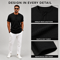 Chemises Henley pour hommes, manches courtes, coupe ajustée, 260 grammes, uni, ultra-extensible, texture en maille, t-shirt Henley décontracté avec 3 boutons