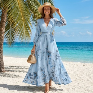 Abito Lungo da Donna con Stampa Floreale Digitale, Ecologico, Plissettato, Scollo a V, Maniche Lunghe, con Cintura, Elegante per Feste, Stile Boho <span class=keywords><strong>Chic</strong></span> - Product Image 4