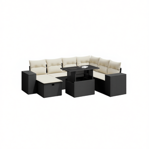 Ensemble de canapés de patio en rotin moderne noir et crème, mobilier d'extérieur pour 7 personnes, design contemporain - Product Image 1