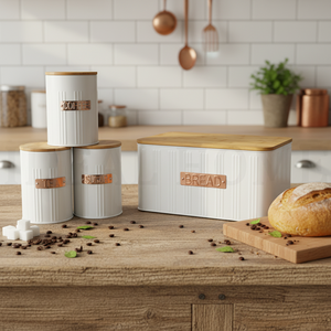 กล่องเก็บขนมปังแบบสุญญากาศสำหรับวางบนเคาน์เตอร์ครัว สีขาว ทำจากโลหะเหล็ก สำหรับ<span class=keywords><strong>เก</strong></span>็บขนมปัง บิสกิต ชา กาแฟ น้ำตาล ชุดกระป๋อง<span class=keywords><strong>เก</strong></span>็บของในครัว - Product Image 3