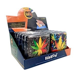 Étui à cigarettes portable en métal Hibron, 20 paquets, avec motif de feuilles colorées et fermeture à clapet - Product Image 1