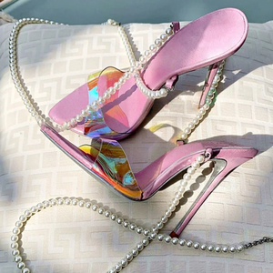 Sandales à talons hauts en PVC coloré pour femmes, grande taille 45, avec bride de cheville perlée, bout pointu, pour soirée, mules personnalisées à talon aiguille - Product Image 5