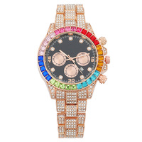 Jam Tangan Gaya Baru Perdagangan Luar Negeri Terlaris Tiga Jarum Mode Berlian Warna-Warni Kalender Dial Hitam Full Berlian Mesin Quartz