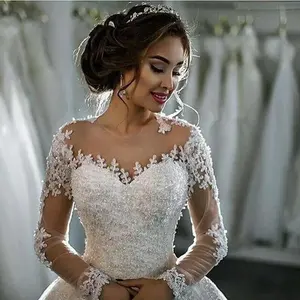 Роскошное свадебное платье с аппликацией, украшенное кристаллами, с великолепным украшением, с длинными рукавами, покрытой пуговицей сзади, свадебное платье