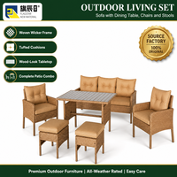 6-teiliges Gartenmöbel-Set aus PE-Rattan-Geflecht, 3-Sitzer-Sofa, 2 Sessel, 2 Ottomanen, Esstisch, braun