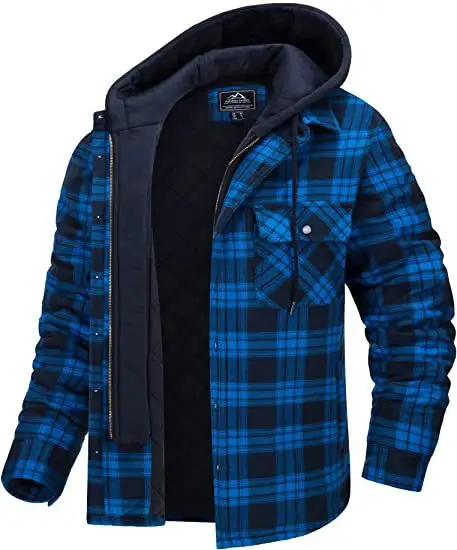 Factory Wholesale Winter Men's Long Sleeve Quilted Lined Flannel Shirt Jacket with Hood