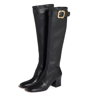 Bottes hautes pour femmes à bout carré, grande taille 46, coupe large, talons épais, boucle métallique supérieure, bottines longues - Product Image 4